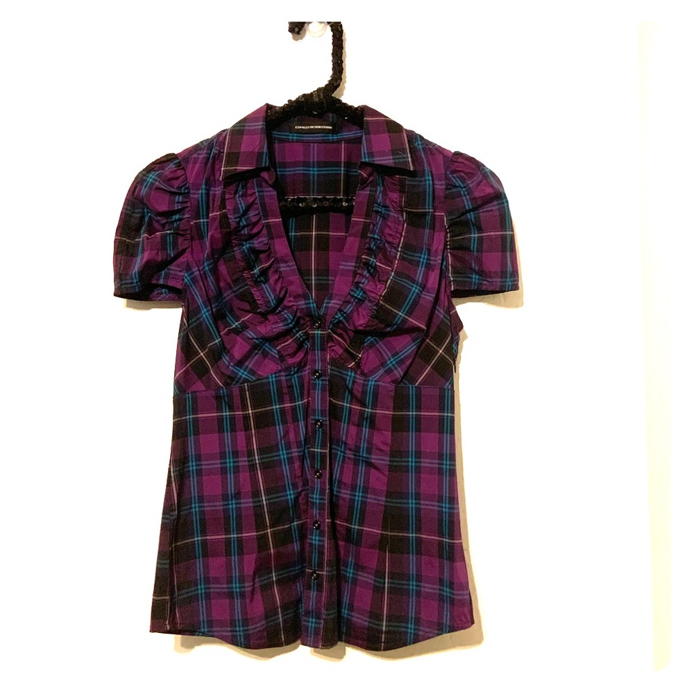 Express plaid, puff sleeve, button down blouse